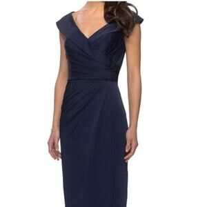 NEW La Femme Column Off Shoulder Gown Navy Blue Sz 6
